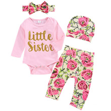 Spring Hot Style Girls Rose Little Sister Print Dress 4 Pieces Set